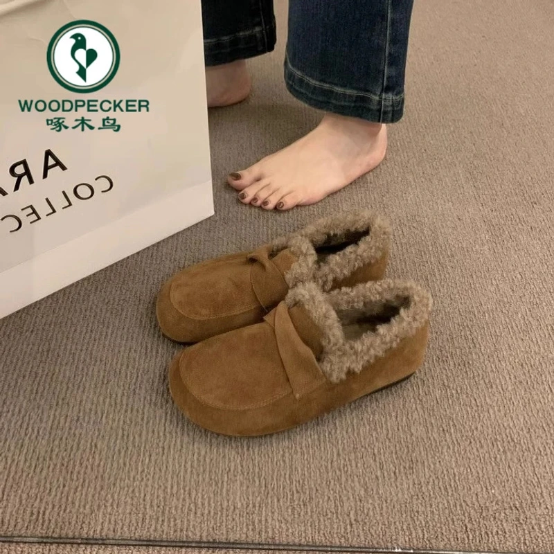 啄木鸟勃肯鞋女鞋加绒豆豆鞋2024新款冬季一脚蹬平底博肯毛毛棉鞋