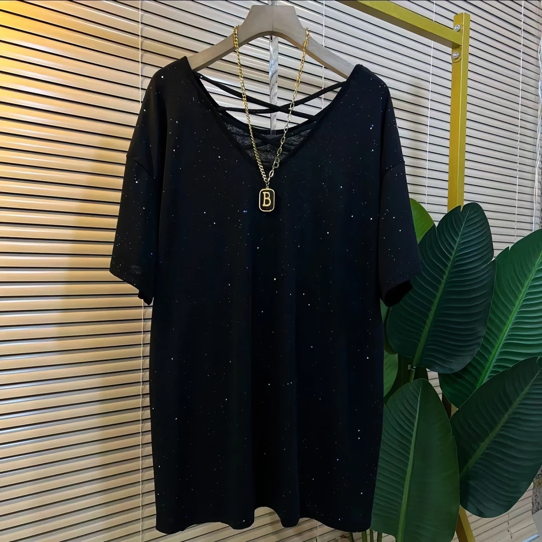 欧货漂亮交叉背设计感短袖T恤女2024年春夏新款亮闪闪慵懒风上衣