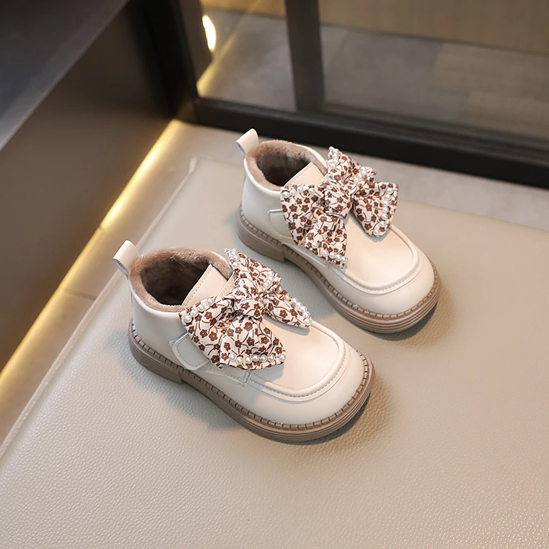 女童加绒短靴蝴蝶结公主靴加绒儿童二棉靴子2023冬季新款软底马丁