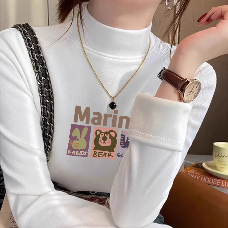 半高领长袖T恤女秋冬2024新款修身百搭磨毛德绒加厚打底衫上衣潮