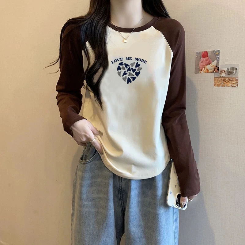2024新款棉质长袖t恤女春秋季设计感小众洋气宽松显瘦撞色上衣ins
