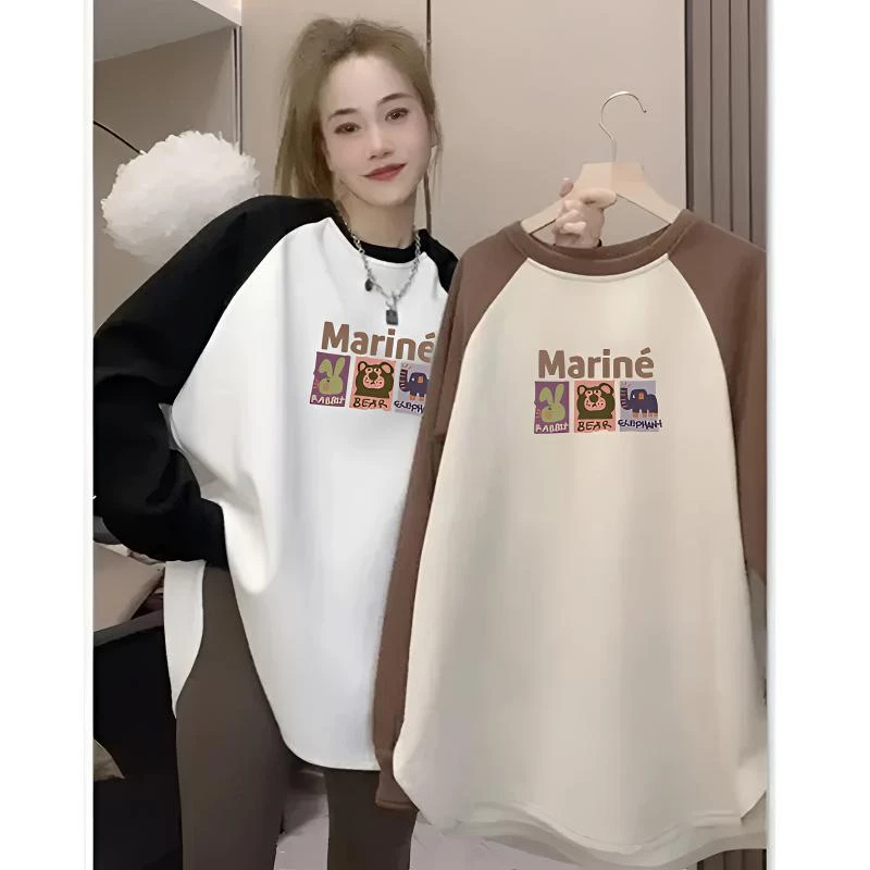 双面德绒中长款遮屁股长袖打底衫女t恤秋冬内搭撞色磨毛加厚上衣