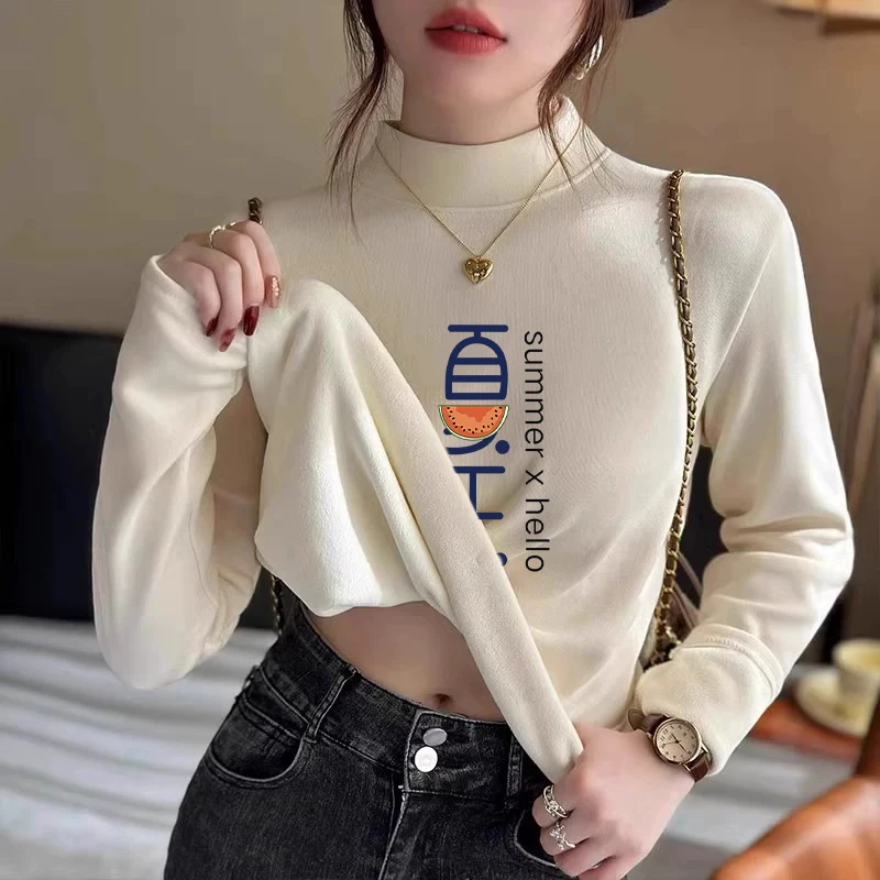 2024新款秋冬季德绒打底衫女内搭半高领磨毛加厚长袖t恤洋气上衣