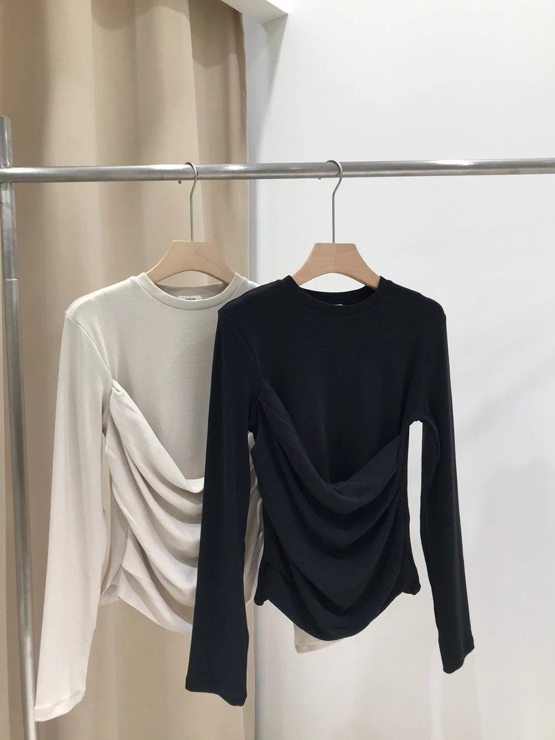 韩国东大门修身显瘦弹力拼接设计圆领短款长袖打底衫