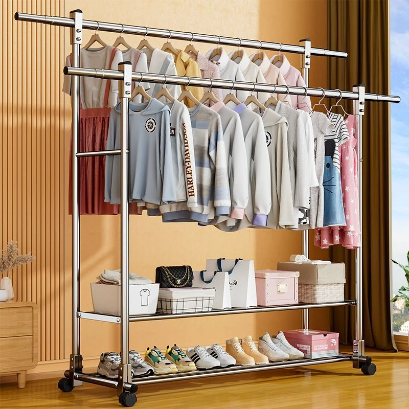 超厚全不锈钢晾衣架落地立式晾衣杆可移动晒衣架伸缩置物晾衣架子