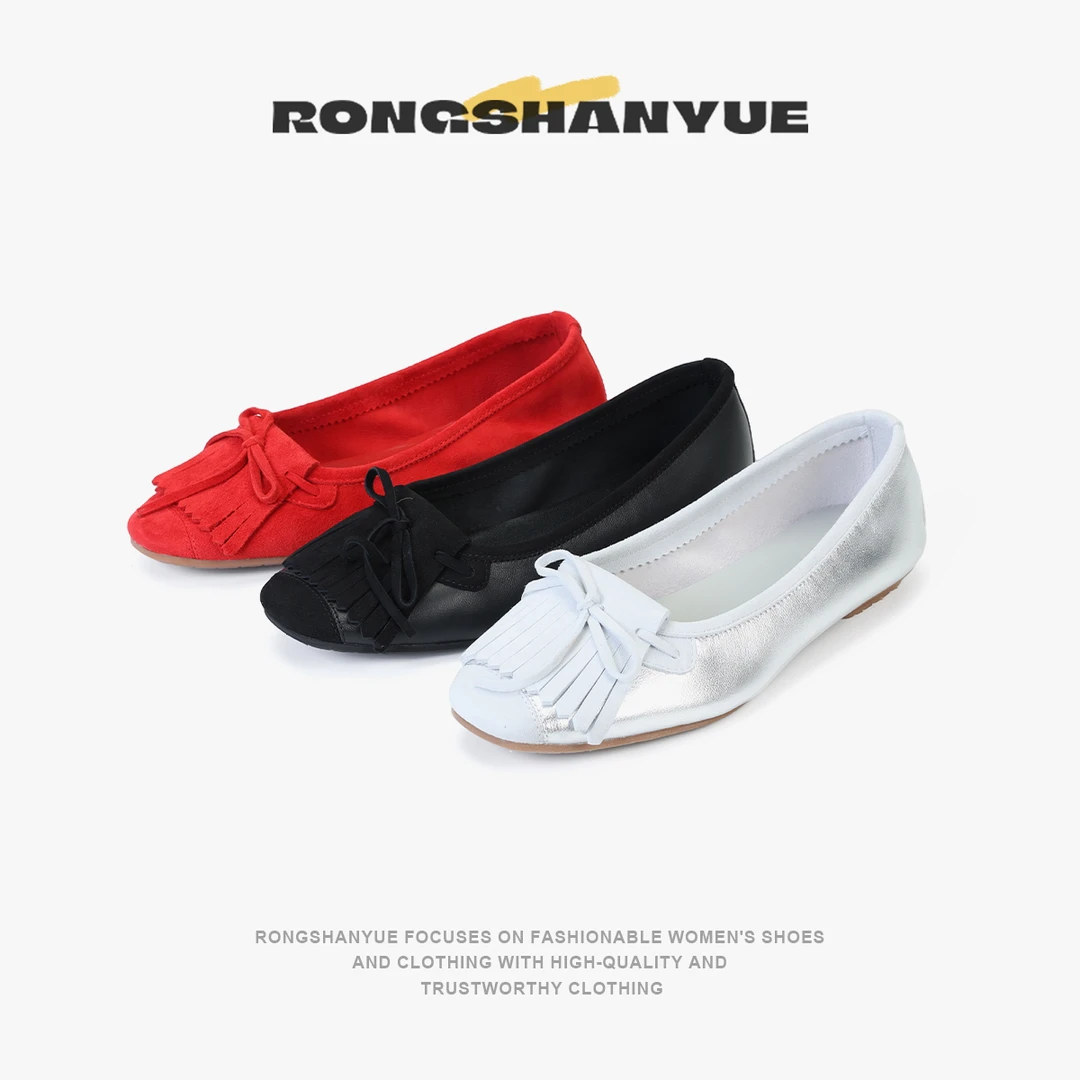 Rongshanyue法式高丝光羊反绒玛丽珍鞋女流苏蝴蝶结芭蕾舞鞋B959