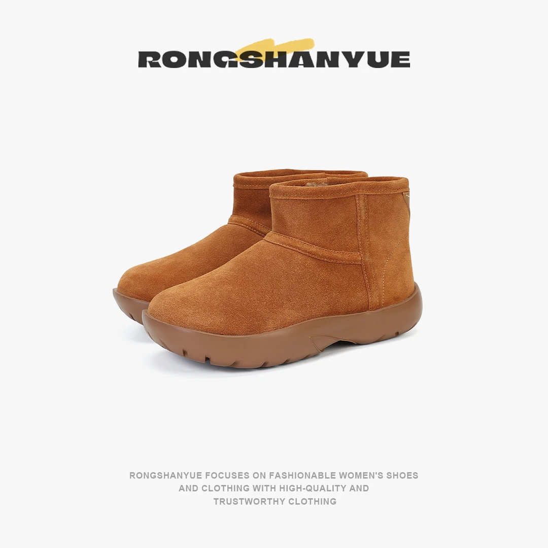 Rongshanyue高丝光牛反绒保暖棉鞋加绒加厚短筒秋冬雪地靴女B990