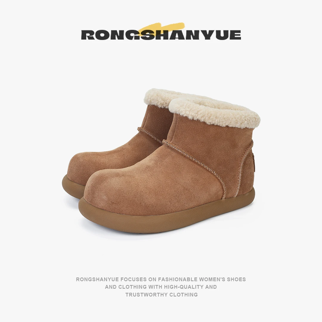 Rongshanyue复古磨砂牛反绒保暖雪地靴冬季加绒短筒靴棉鞋女B1072
