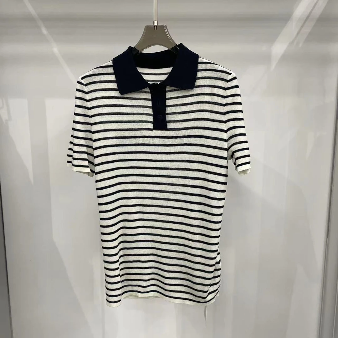 佩佩推荐 夏季条纹黑白翻领ol半袖宽松显瘦81112
