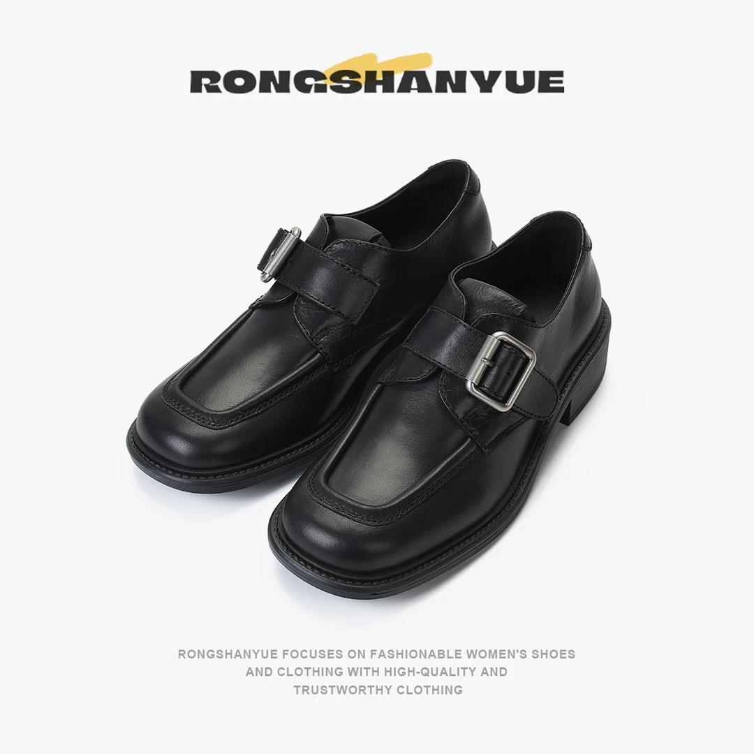 Rongshanyue复古一脚蹬乐福鞋新款百搭显瘦皮带扣牛皮单鞋女B1089
