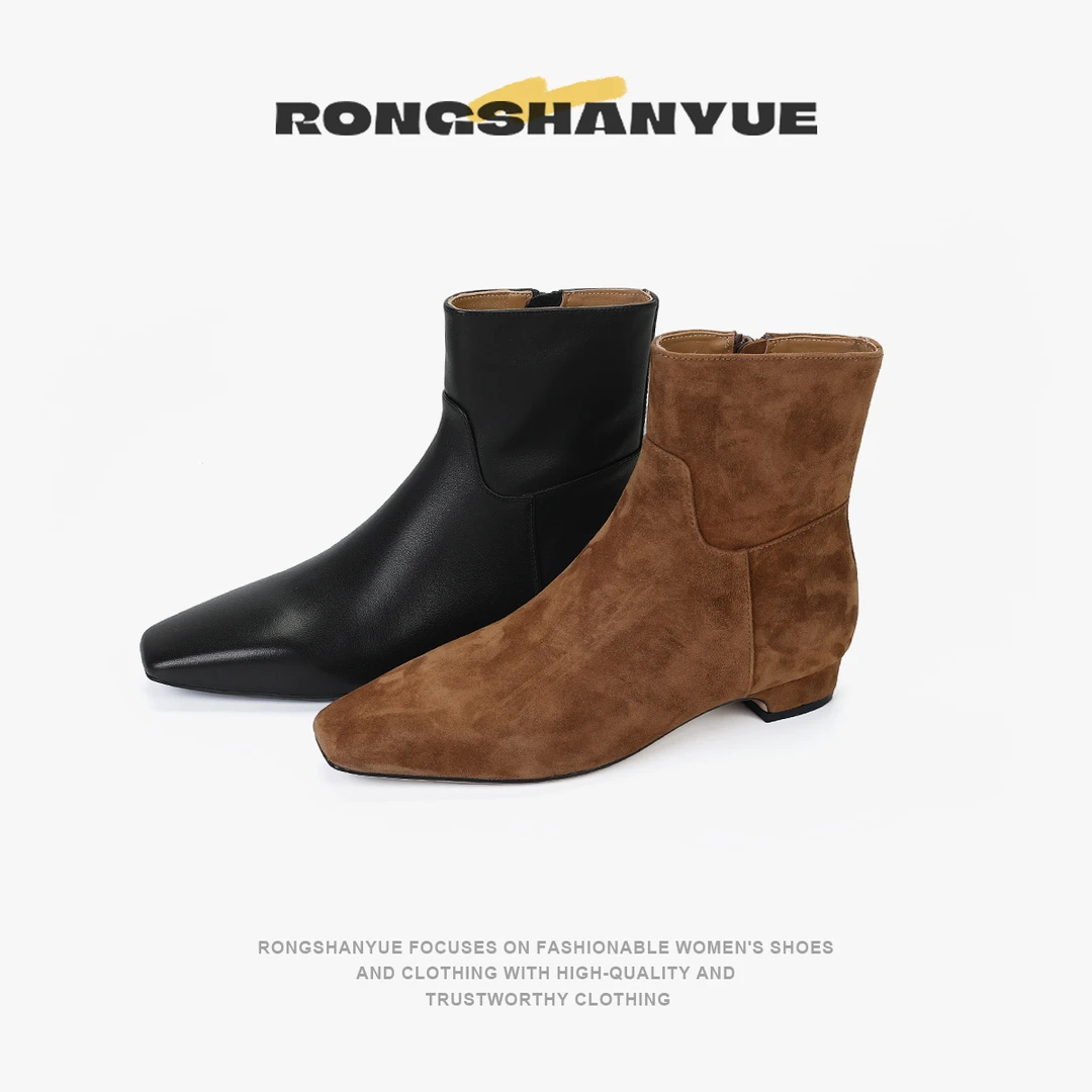 Rongshanyue小牛皮切尔西靴复古高级感休闲侧拉链短靴女B1058