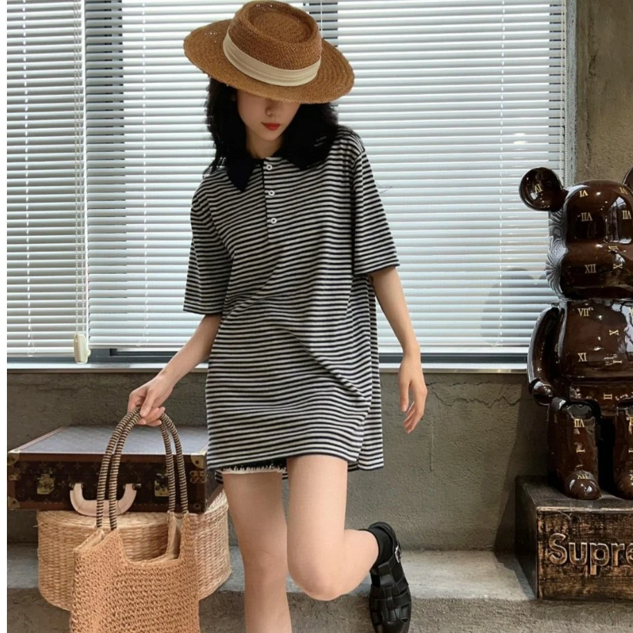 女款夏季休闲中长款条纹韩版显瘦百搭时尚短袖针织翻领复古A1223