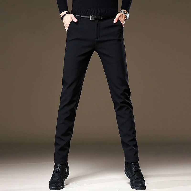冬季休闲裤男弹力修身小脚黑色西裤加绒百搭九分裤长裤高级感男装