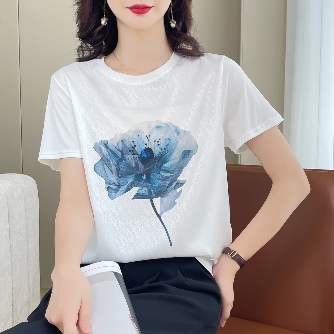 夏季丝滑缎面百搭时尚设计休闲女半袖T恤洋气AB拼接短袖1401