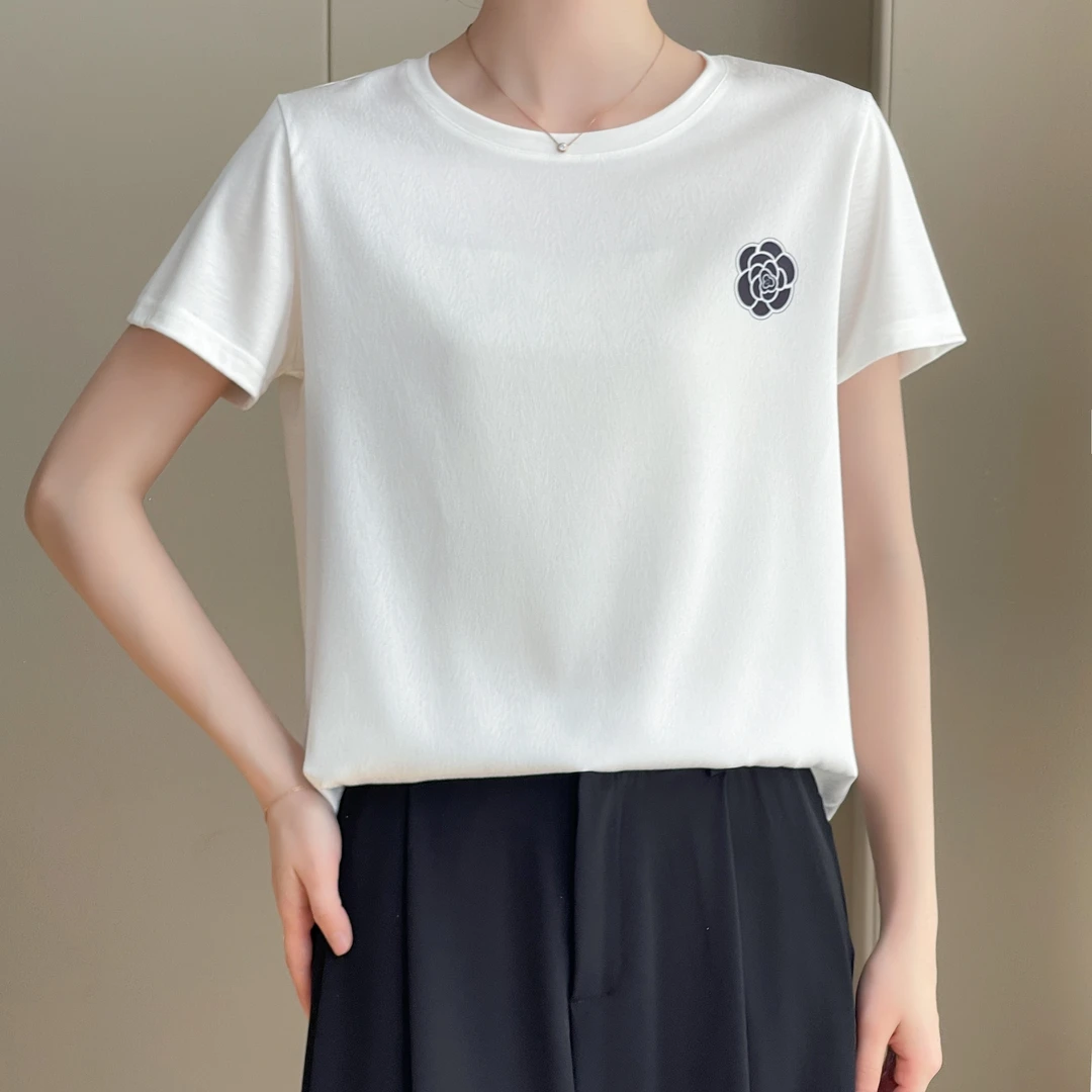 1410夏丝滑缎面冰凉感百搭女半袖T恤洋气AB拼接短袖