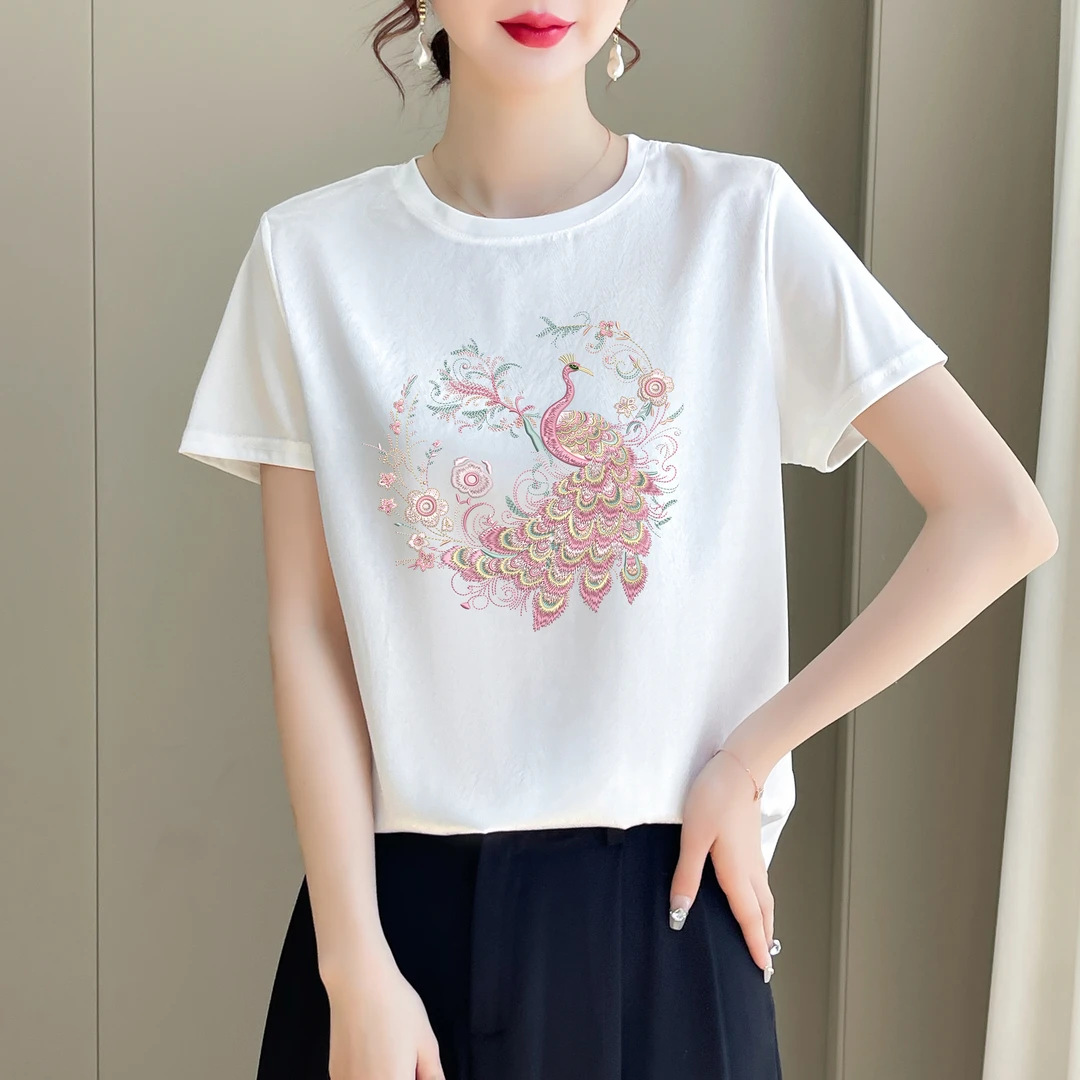 1419夏丝滑缎面冰凉感百搭女半袖T恤洋气AB拼接短袖