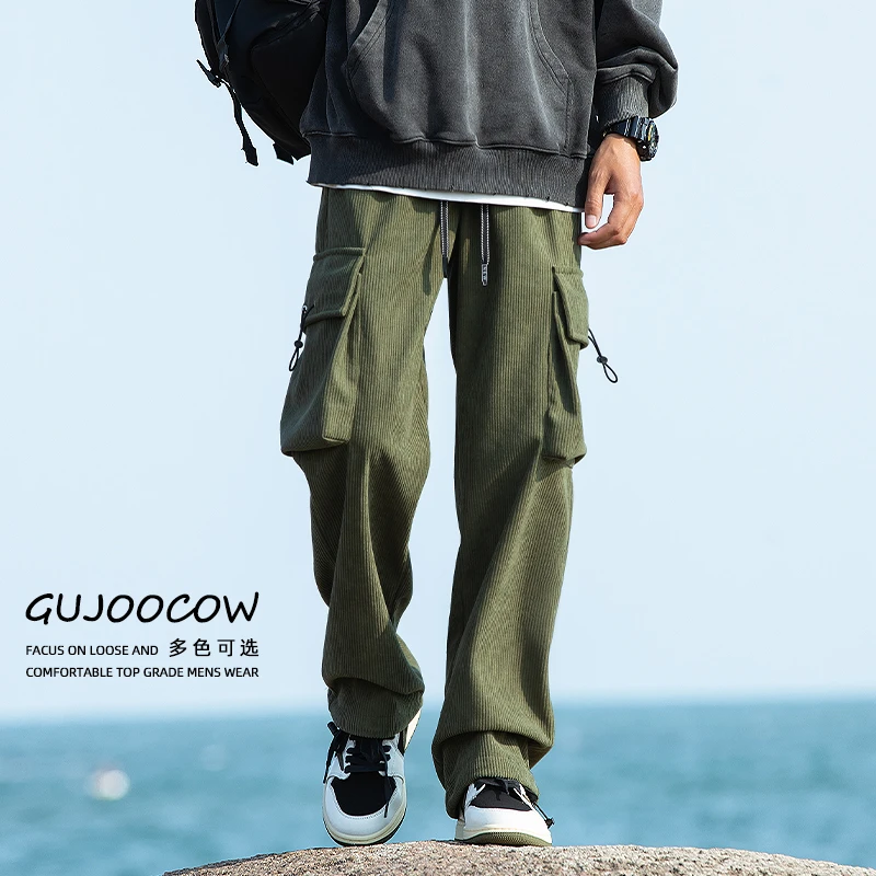 灯芯绒裤子男款秋冬季宽松直筒休闲卫裤新款工装加绒男士阔腿长裤