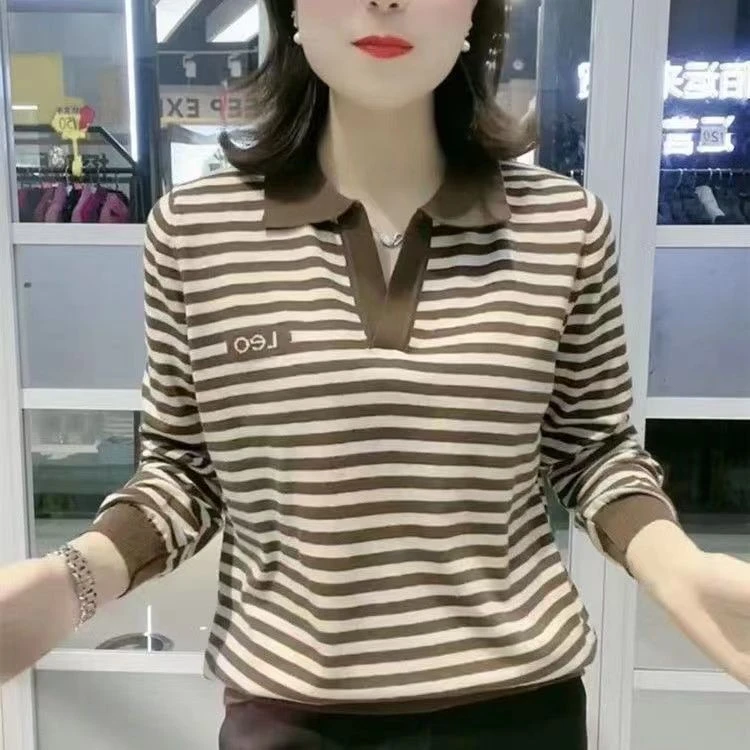 888咖色时尚妈妈装新款大码女装长袖上衣中年条纹显瘦减龄Polo衫