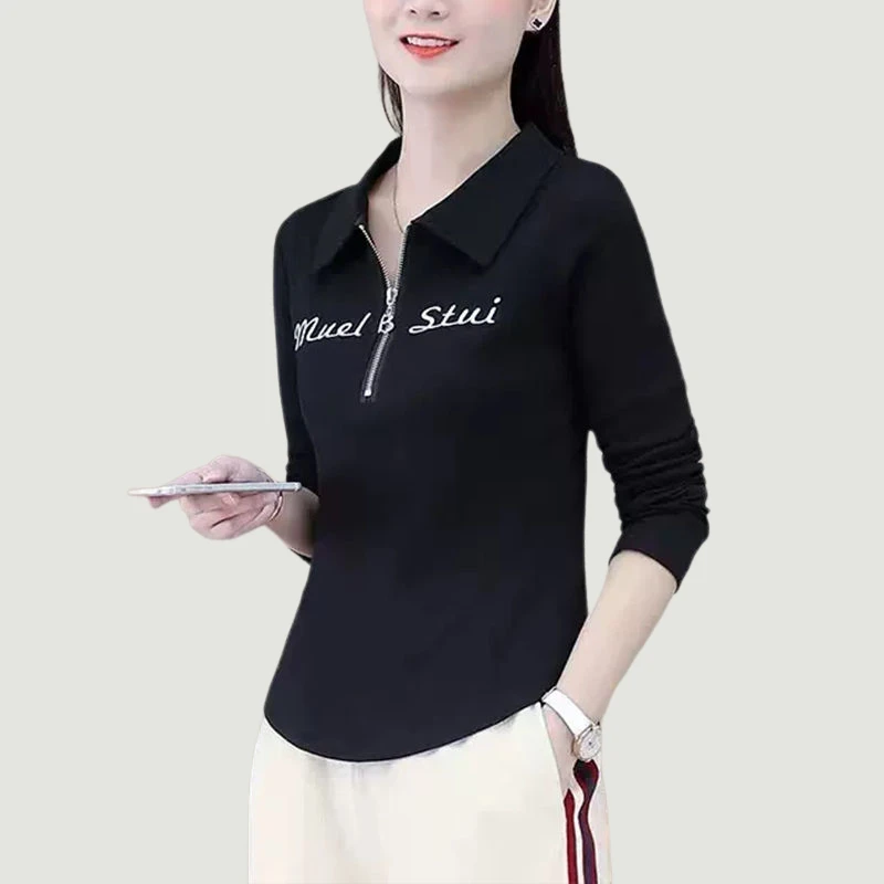 春秋季新款时尚拉链翻领polo衫印花长袖t恤女气质修身外穿上衣潮