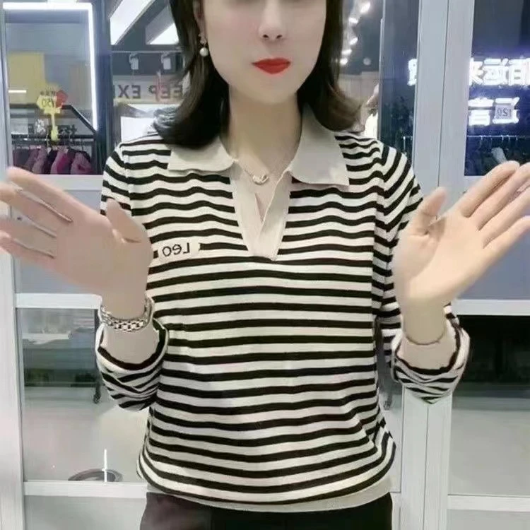 888米白长袖女t恤条纹打底衫休闲百搭时尚洋气显瘦春季女士POLO衫