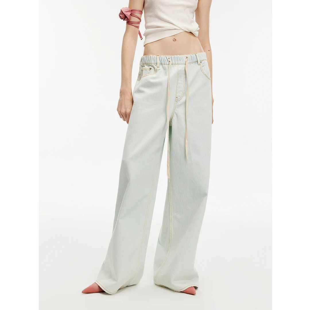 付智恩 薄荷呢喃 奢牌同版土耳其进口水洗运动风阔腿牛仔裤春夏款