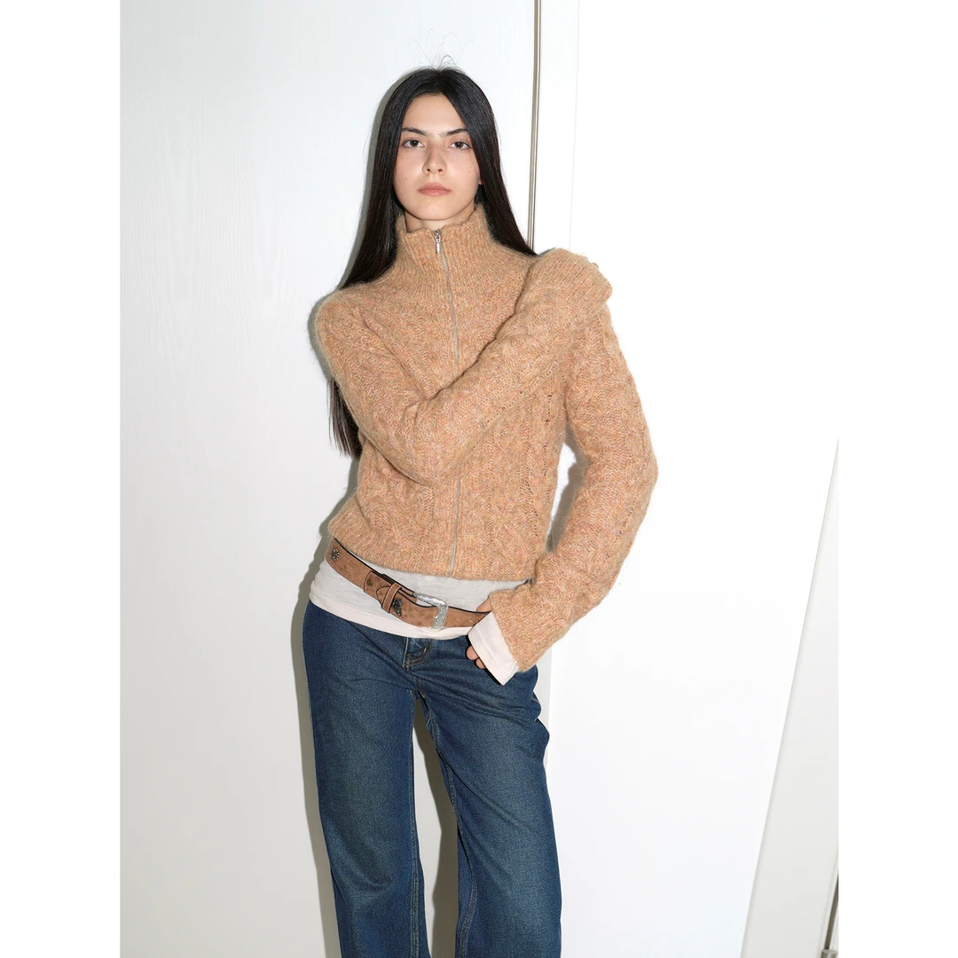 付智恩 浪漫绞花 复古温暖绞花基础款马海毛羊毛混纺拉链针织开衫