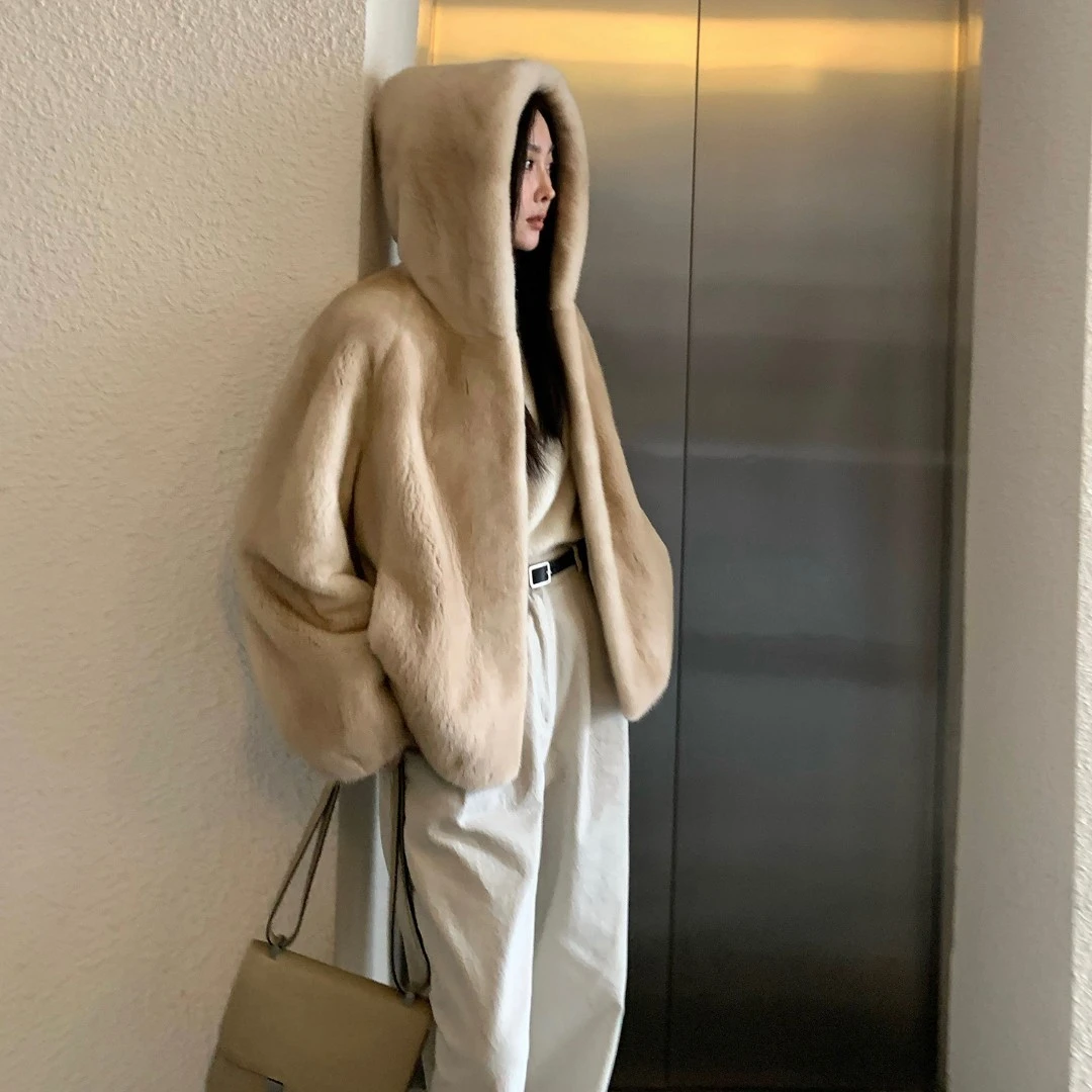 付智恩 进口年轻貂皮大衣简约年轻款连帽水貂皮草外套
