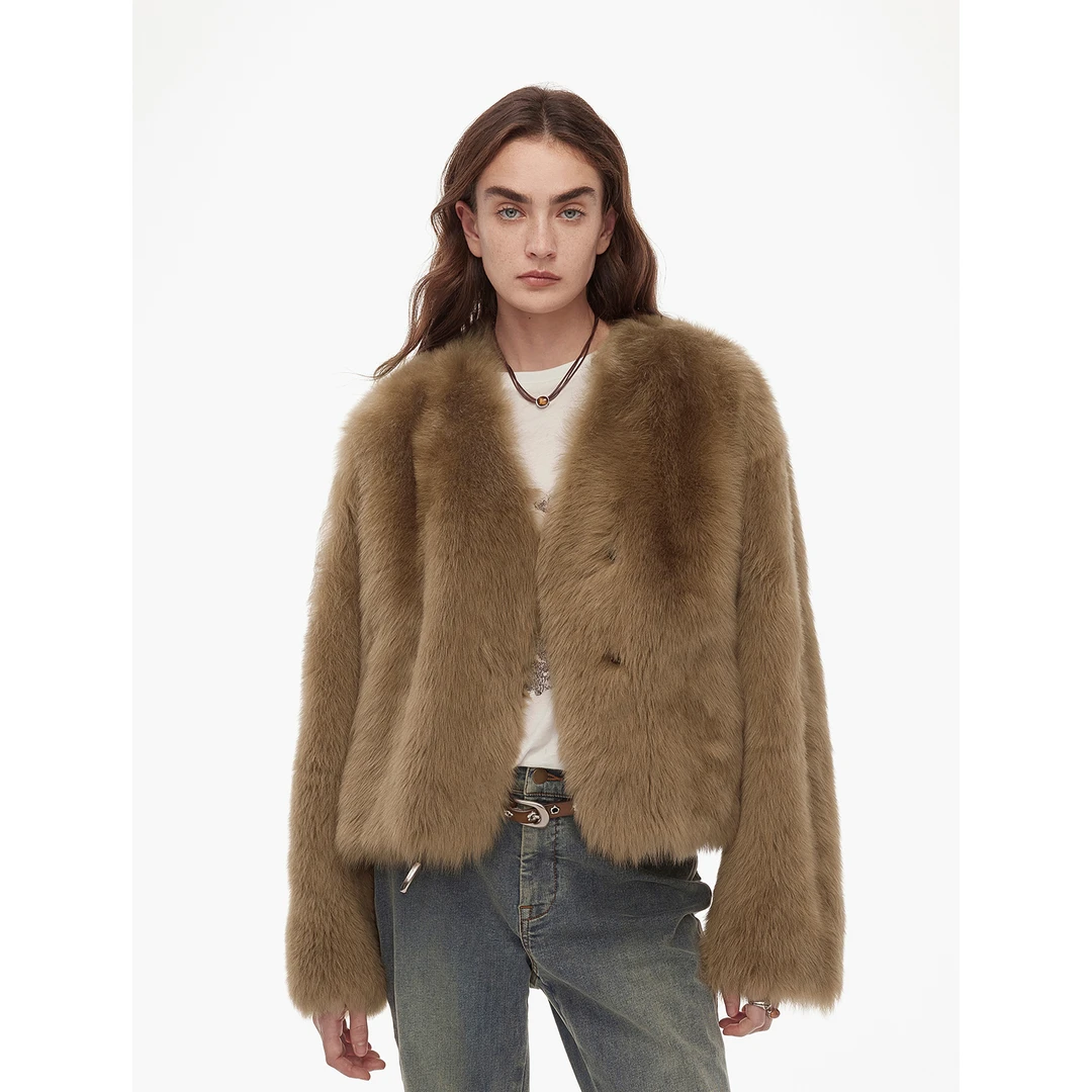 付智恩 浸润摩登 进口托斯卡纳皮毛一体显瘦V领短款皮草外套女冬