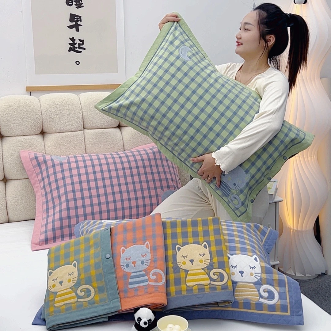 不起球纯棉枕套加大加厚纱布全包枕头套一对按扣成人家用透气吸汗