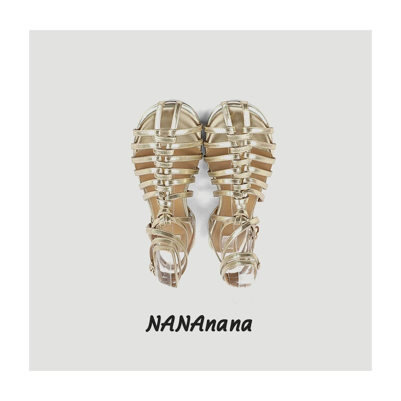 复古风编织镂空脚腕绑带真皮凉鞋