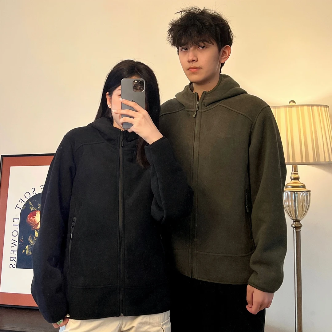 秋冬季厚实保暖连帽摇粒绒卫衣开衫简约INS风男女同款夹克外套潮