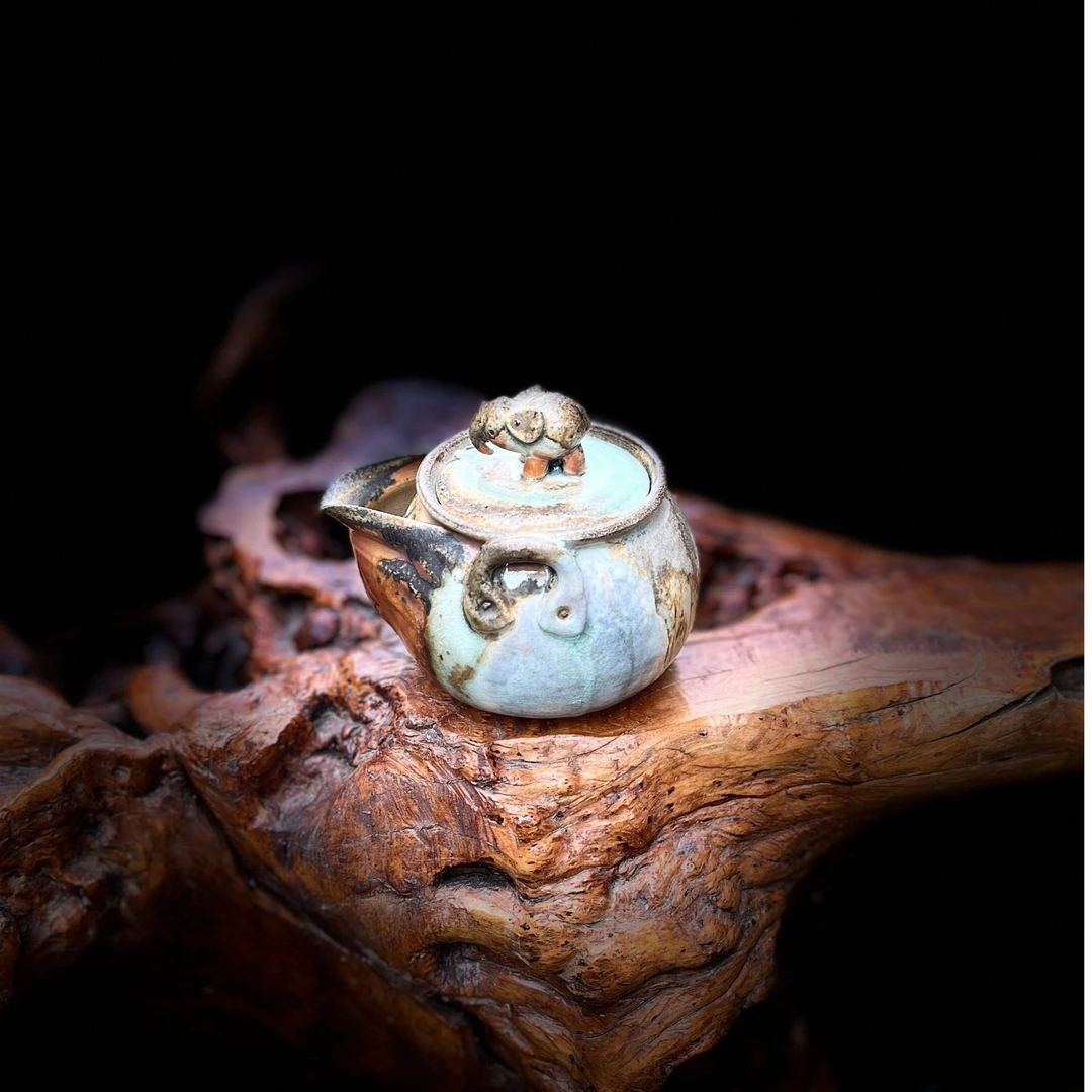 墨见裸烧陶泥自然落灰火痕陶瓷纯手工宝瓶小象宝瓶金彩蓝绿窑汗