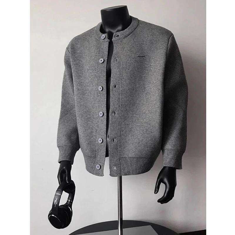 cleanfit灰色排扣圆领针织开衫男秋冬美式慵懒风重磅潮牌毛衣外套