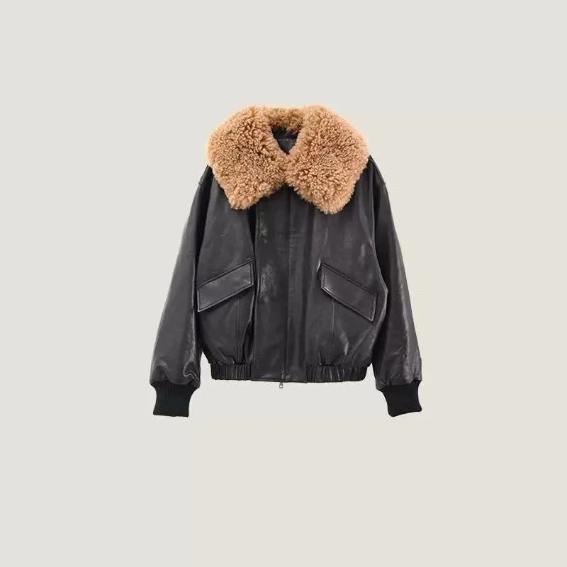 西夏尚美 酷感时髦帅气羊毛领牛皮复古飞行夹克鹅绒服3690