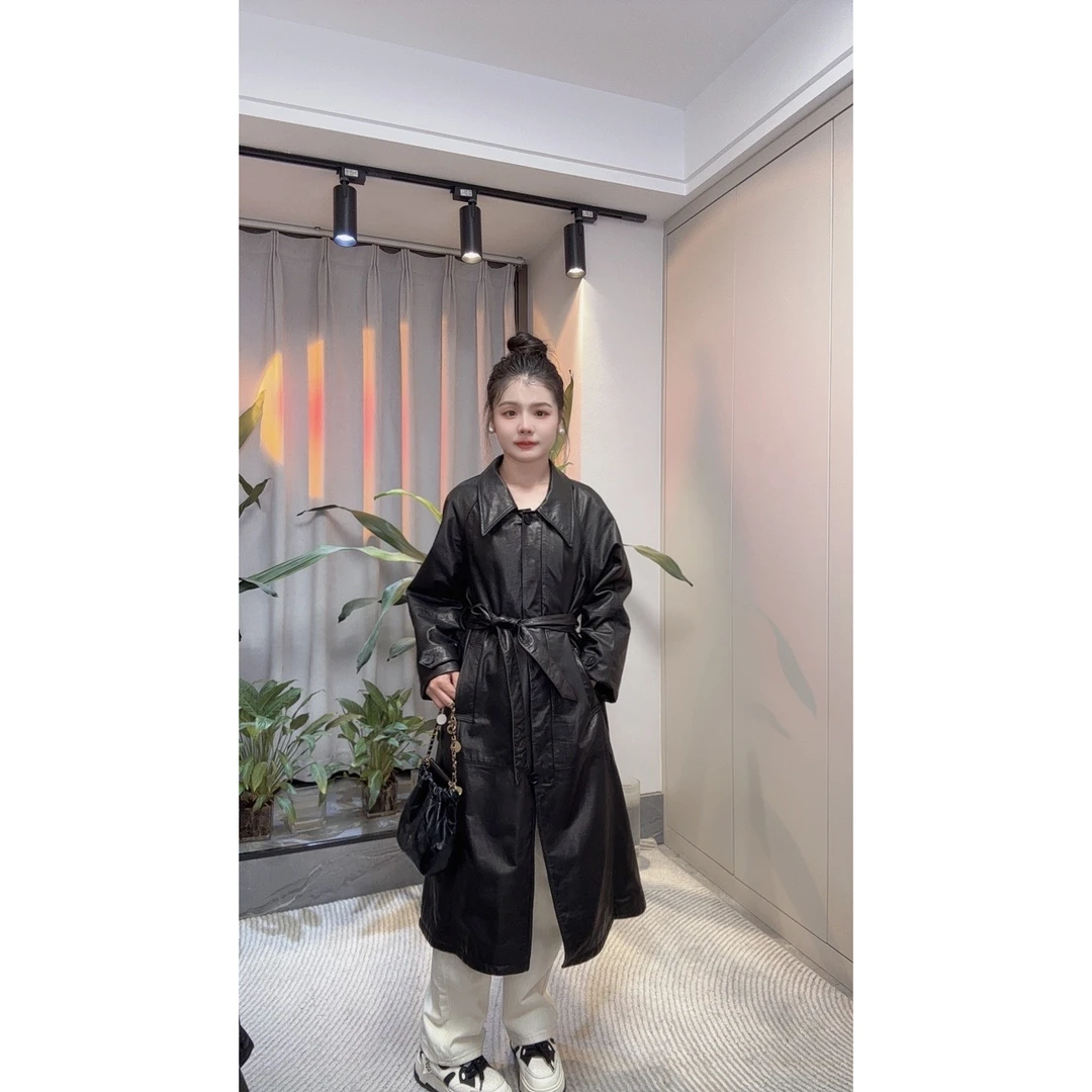 程程龟裂纹油蜡牛皮大腰带翻领长款风衣外套复古长袖外套【2416】