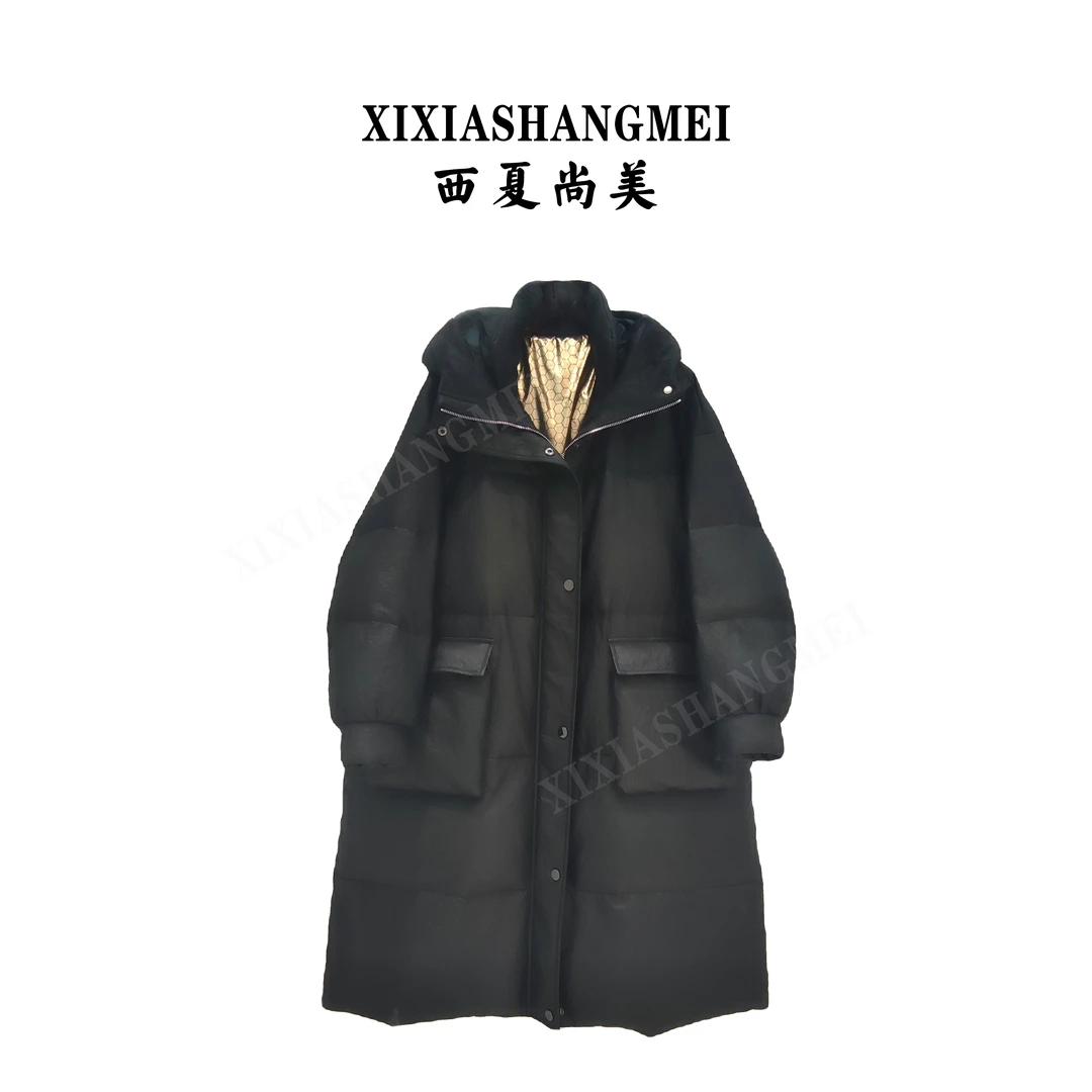 程总推荐【2305】黑钻男女长款百搭皮羽绒外套羽绒服黑长羽绒服