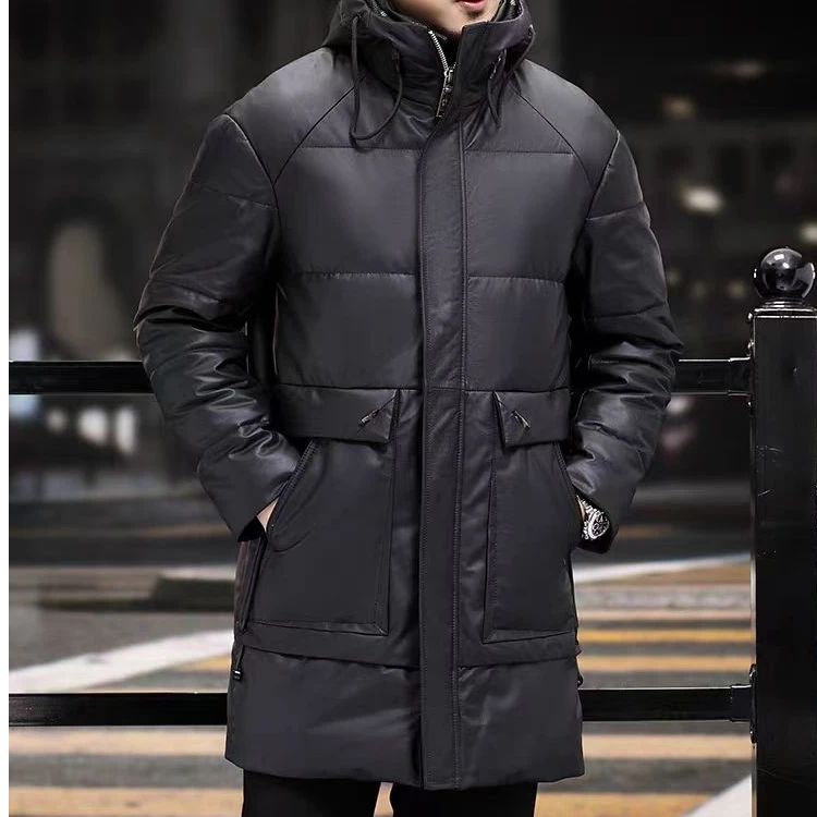 3666新款真皮羽绒服牛皮白鹅绒连帽冬季加厚外套保暖时尚