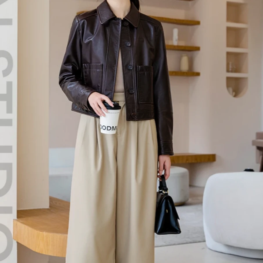 【595408】24年新款开春穿搭百搭真皮皮衣女外套显瘦短款