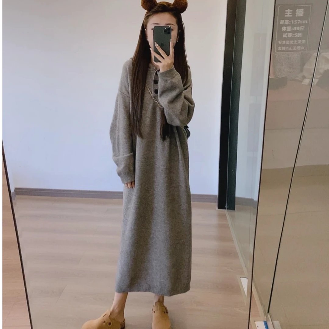 宽松慵懒风连帽毛衣针织连衣裙女秋冬季2024新款过膝中长款长裙子