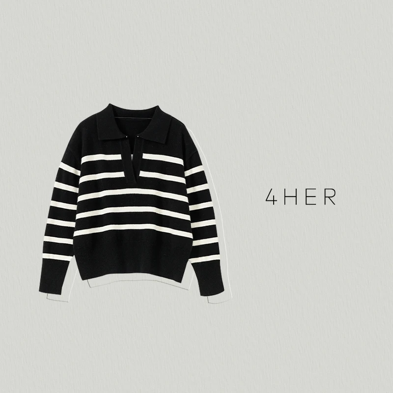 4HER法颂巴黎院 时髦博主风 羊毛条纹针织Polo衫