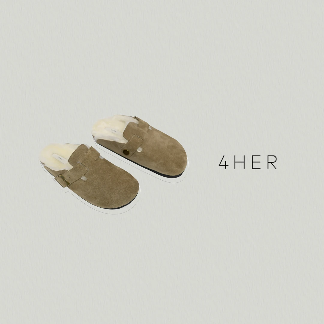 4HER复古可爱多 羊皮内里 磨砂牛皮革 包头皮毛一体平底勃肯拖鞋