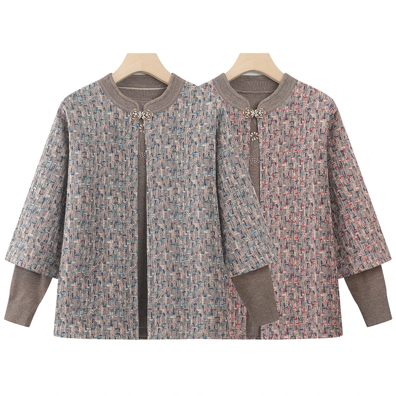 妈妈装秋季宽松两件套女士上衣中老年秋冬装针织衫开衫洋气上衣女