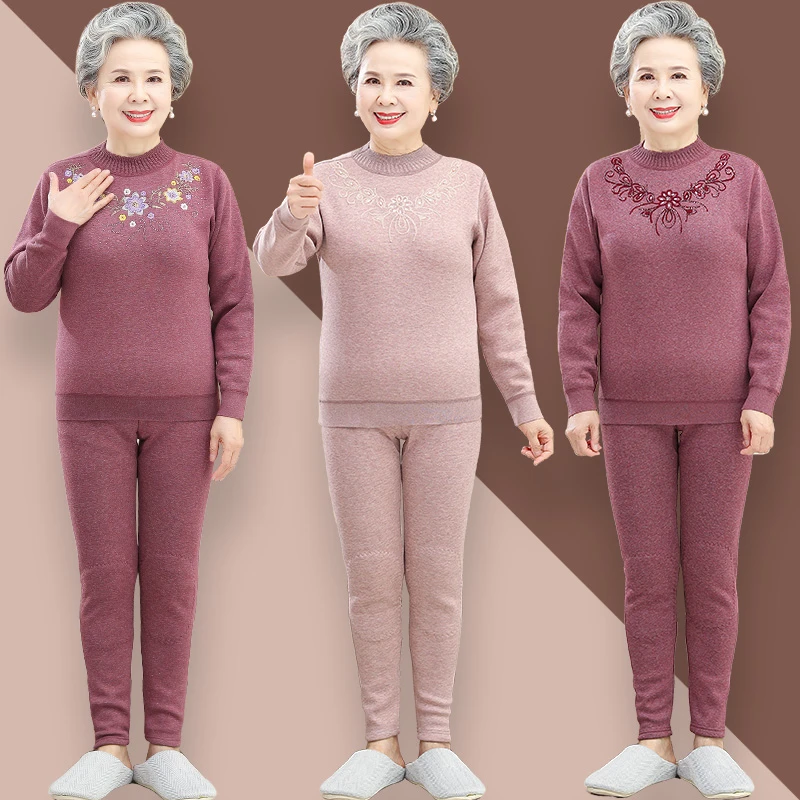 奶奶春秋衣服加绒加厚老人两件套妈妈打底衫中老年保暖内衣套装女