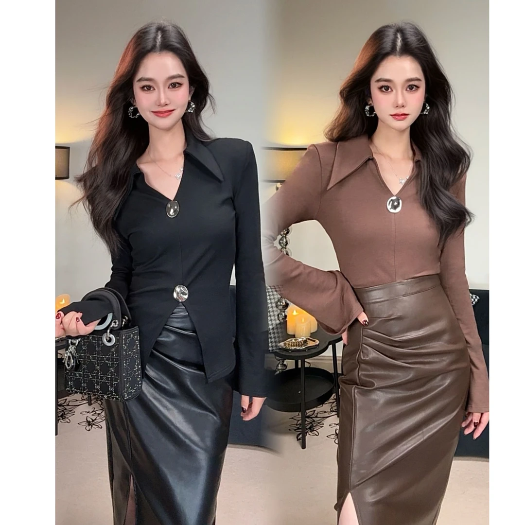 RR冉冉_『吸睛时刻』原创修身显瘦轻奢高级感翻领打底上衣送别针