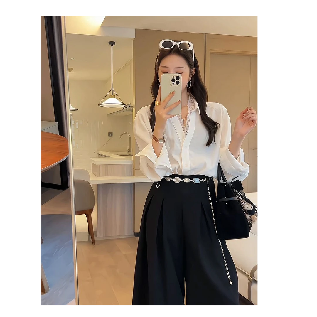 RR冉冉_秋季原创流行时尚女装领口蕾丝拼接V领修身显瘦衬衫