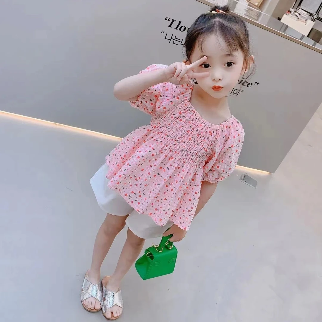 女宝宝甜美短袖2024夏季新款女童韩版法式方领洋气小红花裙式上衣