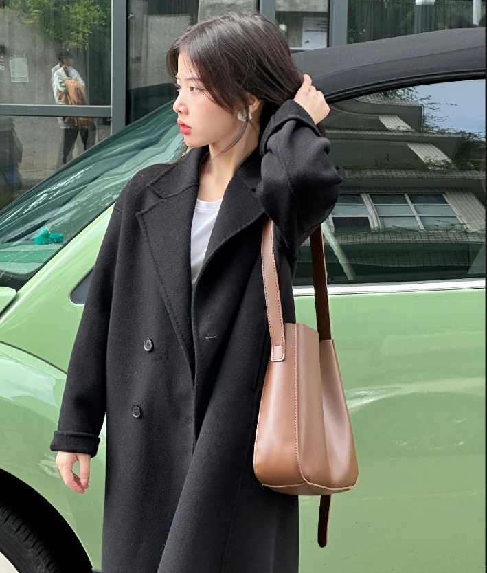 【2307】双面呢小个子网红中长款全毛羊毛大衣百搭秋冬外套宽松