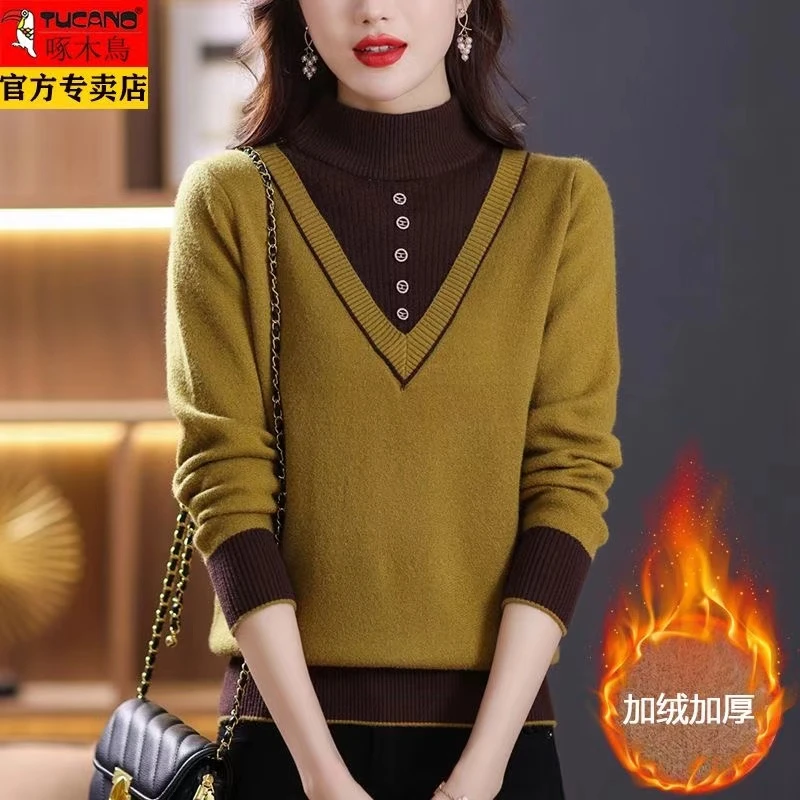 啄木鸟加绒加厚假两件上衣女秋冬季外穿洋气保暖打底衫一体绒毛衣