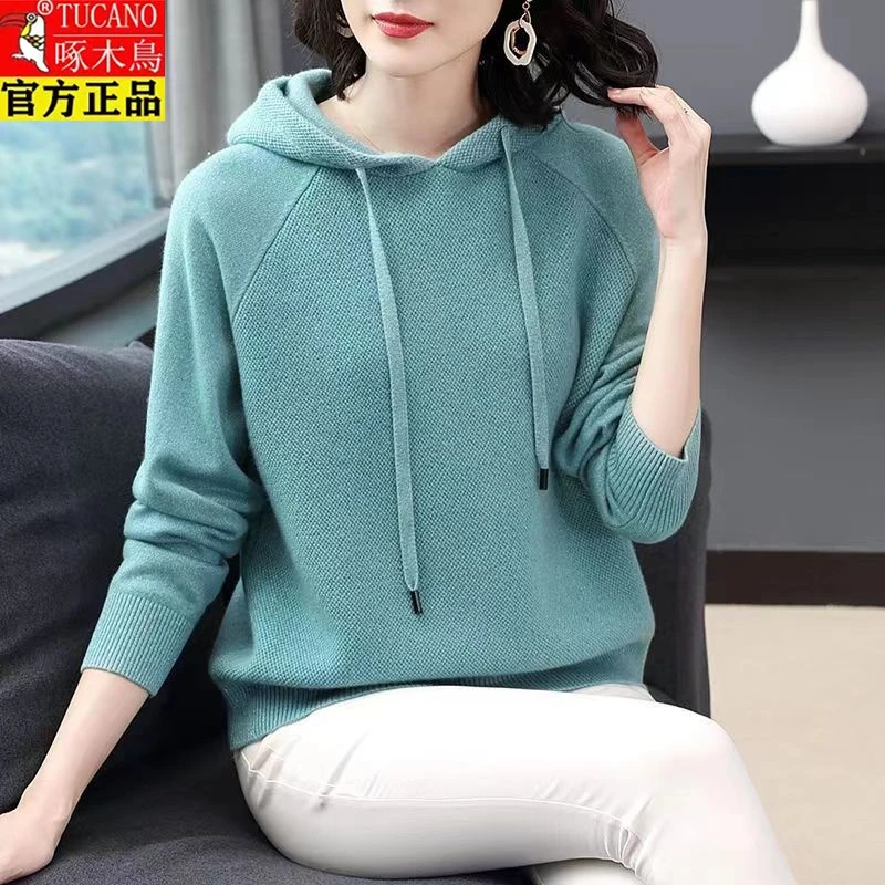 啄木鸟秋冬新款连帽卫衣女外穿短款洋气宽松针织毛衣打底衫上衣潮