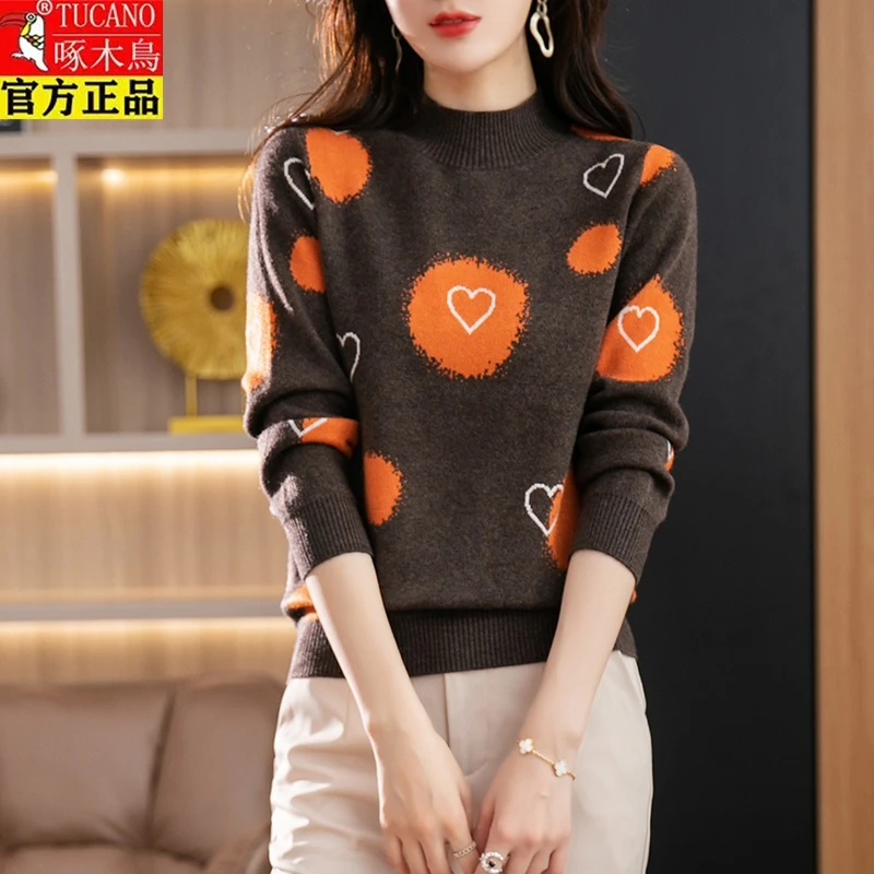 啄木鸟秋冬新款半高领毛衣女显瘦外穿拼色洋气百搭宽松针织打底衫